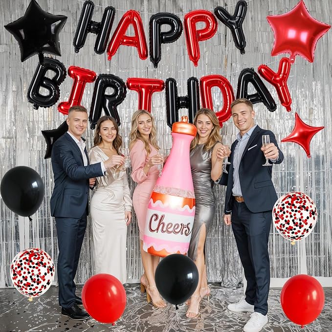 Happy Birthday Balloon Banner Red and Black, 16 Inch Mylar Foil Letter Balloons - Image 4