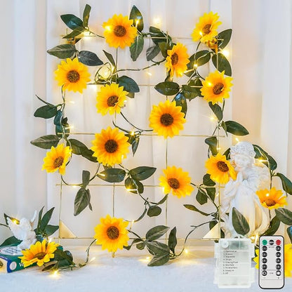 Sunflower Garland with 60LED Fairy Light Battery Operated Clear Wire | Vines by SUDDUS