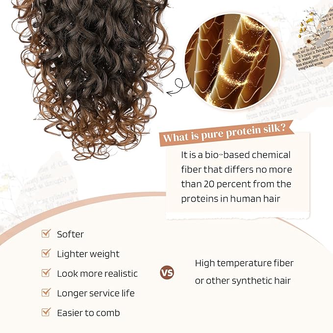 Flufymooz 100％ Pure Protein Ponytail Extension, 18 Inch Curly Claw Clip Ponytail Hair Extensions Natural Soft pony tail hairpiece for women-Dark Almond Brown with Copper