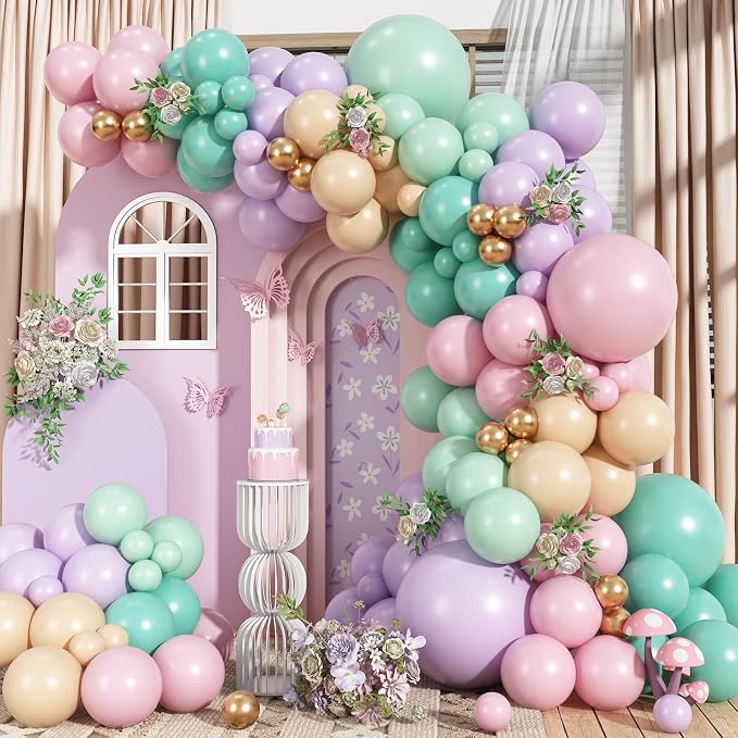 Pastel Green Pink and Purple Balloon Arch Garland Kit，164Pcs tea party by YYDTMHT