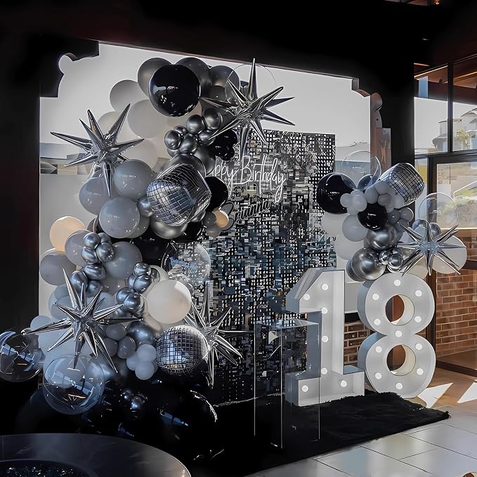 Black Silver Balloon Arch Kit 138Pcs Black White Metallic Silver Confetti Disco - Image 4