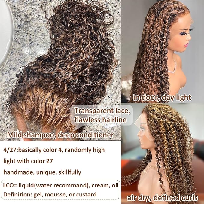 CYNOSURE Honey Blonde Ombre Lace Front Wig Human Hair 13x5 Highlight Deep Wave Curly Wig 4/27 Colored HD Transparent Lace Front Wigs Pre Plucked with Baby Hair 180% Density 24 Inch