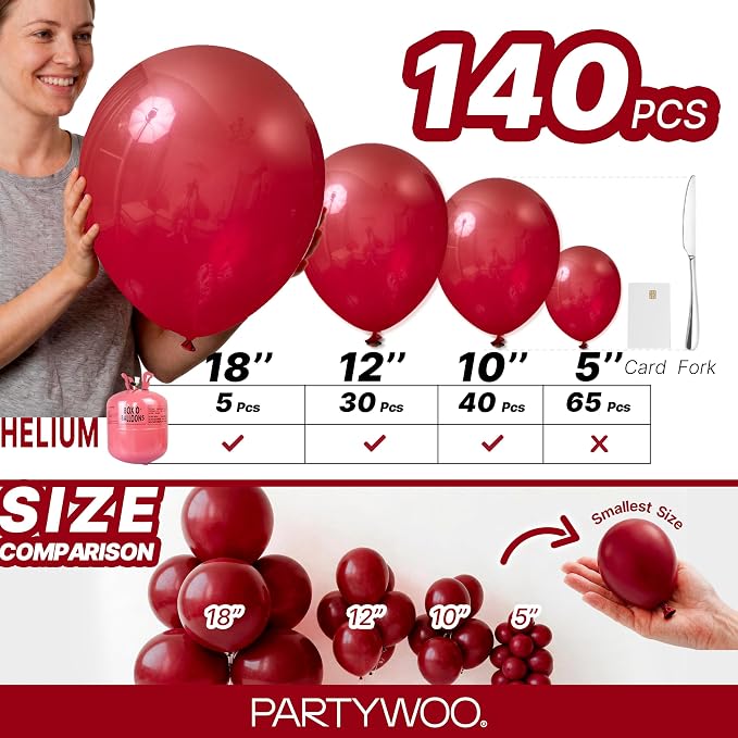 PartyWoo Burgundy Balloons 140pcs Dark Red Maroon Ruby Red Different Sizes | 18 - Image 6