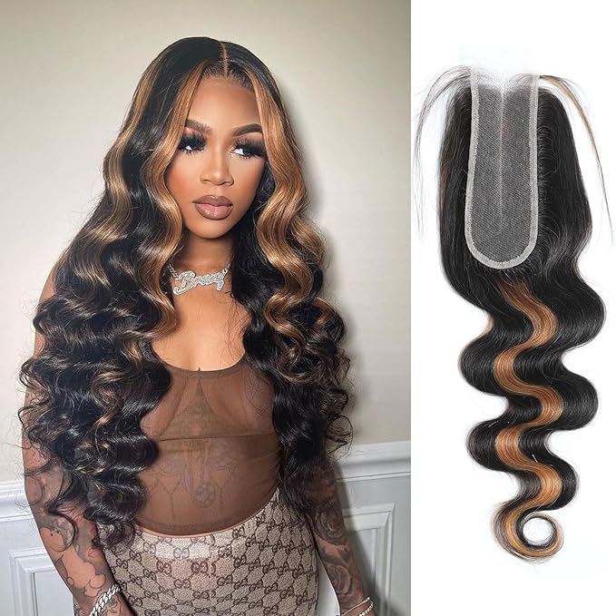P1B/30 2x6 HD Lace Closure Body Wave Human Hair Highlight Brown Black Color Transparent Lace Closure 2x6 Long Deep Middle Part 100% Raw Virgin Human Hair 20 Inch 150% Density