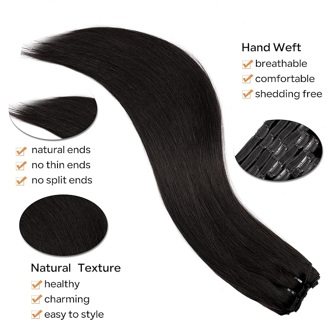 Straight Clip In Hair Extensions Real Human Hair 8Pcs Clip In Jet Black Human Hair Extensions with 18Clips Lace Weft 120g 22inch