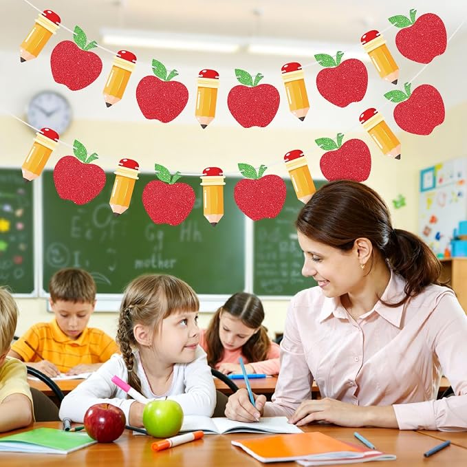 Hooqict 2 Pieces Back to School Pencil and Apple Banner Decorations Welcome - Image 5