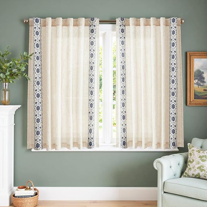 jinchan Blue Floral Embroidered Linen Kitchen Curtains 54×45 Inch 2 Panels | - Image 3
