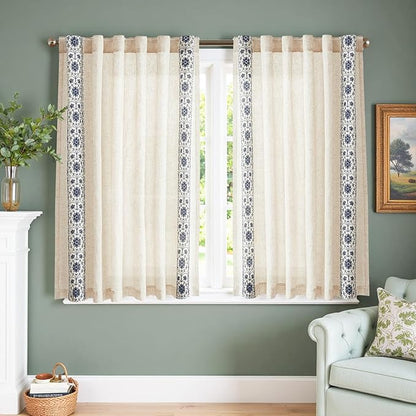 jinchan Blue Floral Embroidered Linen Kitchen Curtains 54×45 Inch 2 Panels | - Image 3