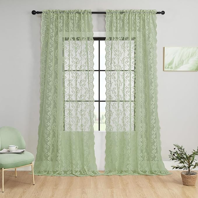 FOLKSIDE Sage Green Lace Curtains 63 Inch Length 2 Panels Paisley Floral Lace - Image 2