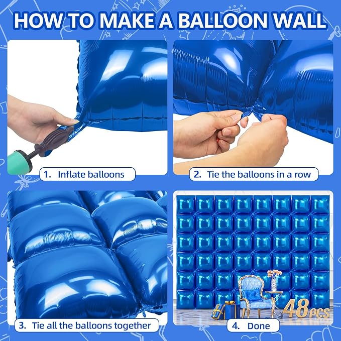 NISOCY 48PCS Metallic Blue Square Foil Balloons Wall Backdrop | Double Sided - Image 4
