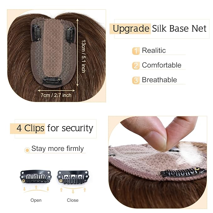 SEGO Human Hair Toppers for Women With Thinning Hair, 7 * 13CM Silk Base 100% Real Human Hair Clip in Top Wiglet Hairpieces -12 Inch No Bangs Medium Brown to Dark Blonde