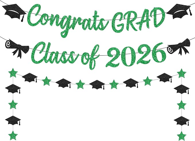 Black and Green Graduation Banner 2026, GlitterGreen Class of 2026 Banner by Unknown
