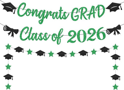 Black and Green Graduation Banner 2026, GlitterGreen Class of 2026 Banner by Unknown