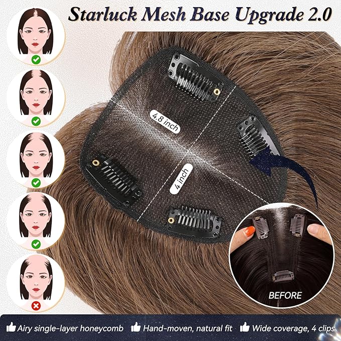 starluck Hair Toppers for Women Real Human Hair With Bangs, 100% Remy HumanHair Toppers for Women Hand-woven with Thinning,Cover Gray Roots,Adds Volume, Brown