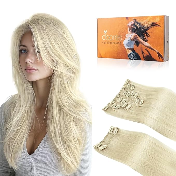 DOORES Human Hair Extensions Platinum Blonde 150g 9pcs 16 Inch Remy Clip in Hair Extensions for Women - Real Hair Extensions Natural Thick Hair