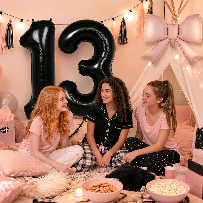 40 Inch Black Number 5 with Pink Bow Balloon, Giant Self Inflating Black Foil - Image 4