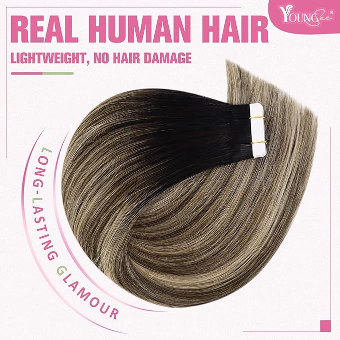 YoungSee Human Hair Tape in Extensions Black Balayage Tape in Hair Extensions Human Hair Black Ombre Brown with Caramel Blonde Tape-in Extension Ombre Hair Extension Tape-in 16 Inch 20pcs 50g