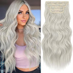 KooKaStyle Clip in Synthetic Hair Extensions Long Wavy 4PCS Thick Hairpieces Silver Grey Blonde Fiber Double Weft Natural Hair Extensions 20 Inch for Women