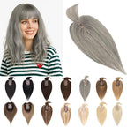 SEGO Grey Hair Toppers for Women Real Human Hair With Bangs, Salt and Pepper Hair Topper, 7 * 13 CM Silk Base Clip In Top Pieces Add Volume -12 Inch G3 Light Grey Mix