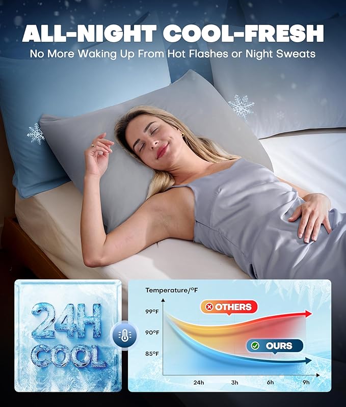 Ultra-Chill Cooling Pillowcase Set of 2 for Hot Sleepers, Softer Than Silk Pillow Cases for Protecting Hair & Skin, Breathable Bed Pillow Covers w/Zipper, Gifts for Women & Men(Light Gray, Queen)
