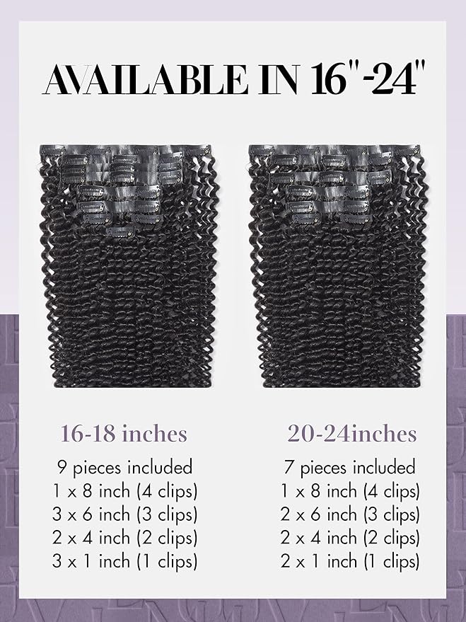 LUVME Kinky Curly Clip ins for Women, Seamless PU Weft Curly Clip in Hair Extensions Human Hair Brazilian Remy Human Hair Natural Black Clip ins 135g 9pcs 18Inch