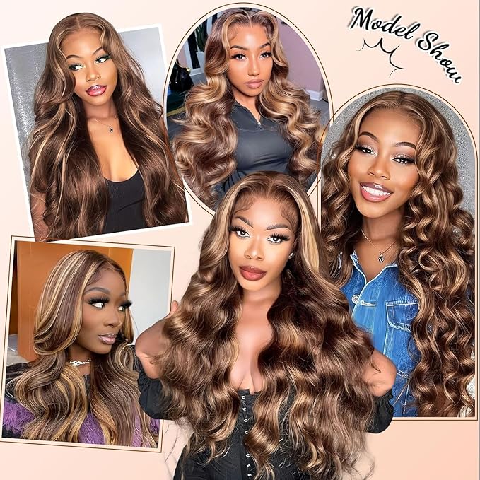 AMIRTY 250 Density Highlight Ombre Lace Front Wig Human Hair Honey Blonde Body Wave 13x6 HD Lace Front Wigs Human Hair Pre Plucked Brown 4/27 Colored Lace Frontal Glueless Wigs for Women 18 Inch