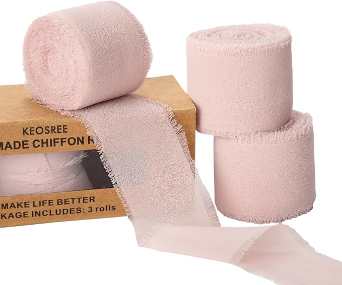 KEOSREE 3 Rolls Light Pink Handmade Chiffon Ribbon, 1.5" x21Yd | Frayed Fringe by KEOSREE
