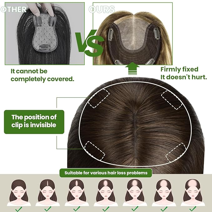 HAIR Toppers for Women Real Human Hair 6x7 inch 150 Density Base 12 inch 55grams darkest brown Human Hair Topper for Women with Thinning Hair(#2 12inch)