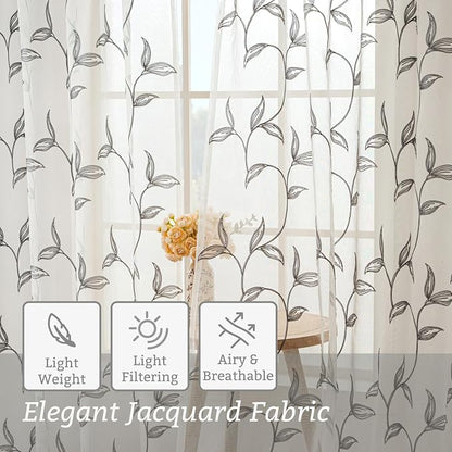 Sheer Curtains Boho Leaf Floral Embroidered Grey 54Wx90L | Light Filtering Semi - Image 5