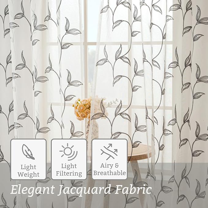 Sheer Curtains Boho Leaf Floral Embroidered Grey 54Wx102L | Light Filtering - Image 5