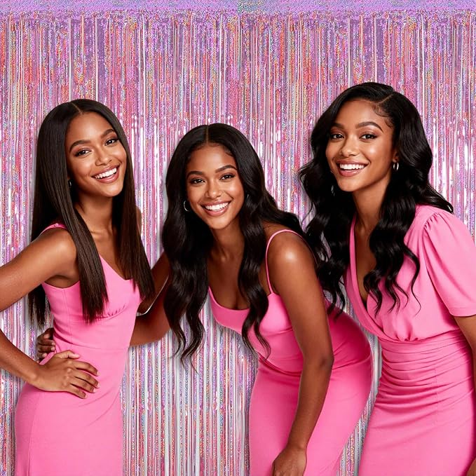 10 Pack Pink Backdrop Curtain 3.2ft x 8.2ft Metallic Tinsel Foil Fringe - Image 5