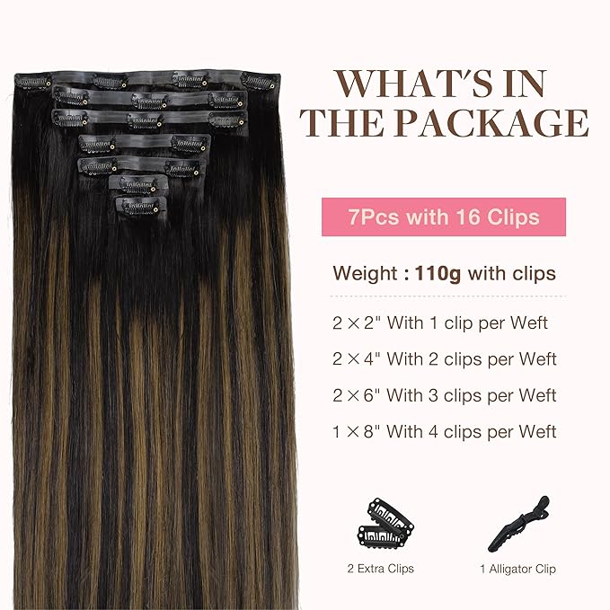 GOO GOO Clip in Hair Extensions Real Human Hair, Remy Human Hair Extensions Clip ins for Women, Natural Human Hair, 18inch 110g 7Pcs, 1B/6/1B Balayage Natural Black to Chestnut Brown