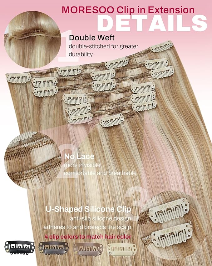 Moresoo Clip in Hair Extensions Brown with Blonde Highlights Remy Human Hair Clip in Extensions Medium Brown with Golden Platinum Blonde for Women Short 80g/5pcss 14 inch Double Weft