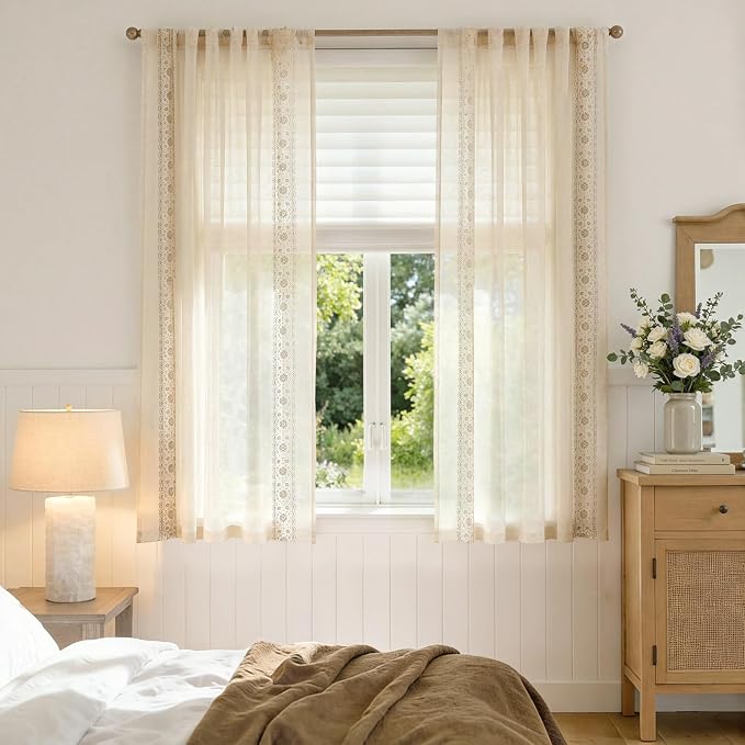 jinchan Floral Sheer Linen Curtains, Back Tab 50x63 Inch, 2 Panels Ivory | Semi - Image 3