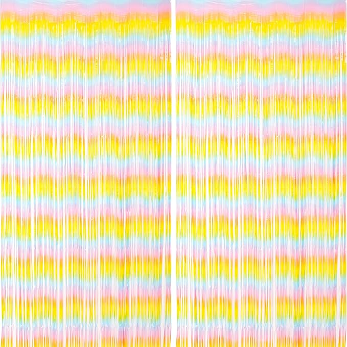 Voircoloria Pastel Foil Fringe Backdrop Curtains, 2 Pack | Tinsel Streamers by Voircoloria