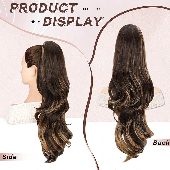 Ponytail Extension, Drawstring Ponytail Extension for Women 26 Inch Long Wavy Highlight Pony Tails Hair Extensions Synthetic Clip in Ponytail Hairpiece for Women Brown with Blonde Highlights