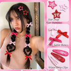 36Pcs Hot Pink Mini Bow Hair Clips Red Star Snap Hair Barrettes Water Drop No Slip Hair Clips for Women 3 Color Small Hair Bows Star Bowknot Hair Accessories for Girls