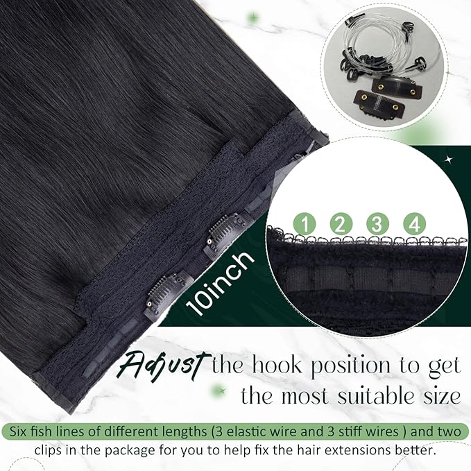 RUNATURE Wire Hair Extensions Real Human Hair 18 Inch, Invisible Fish Line Hair Extensions Straight Soft Hair, Black One Piece 80g #1 Jet Black