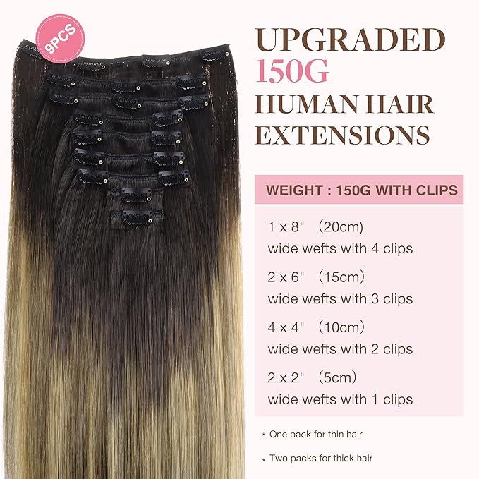 GOO GOO Clip in Hair Extensions Real Human Hair, Remy Human Hair Extensions Clip ins for Women, Natural Human Hair, 22inch 150g 9Pcs, 2/6/18 Balayage Brown to Dirty Blonde