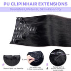 Seamless Clip in Hair Extensions Real Human Hair Straight Remy Human Hair Clip in Extensions for Women, Natural Soft Silk Straight Human Hair PU Thin Weft 8Pcs 120g 14inch Natural Black