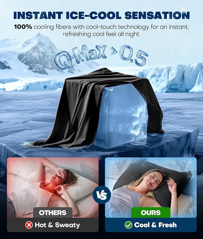 Ultra-Chill Cooling Pillowcase Set of 2 for Hot Sleepers, Softer Than Silk Pillow Cases for Protecting Hair & Skin, Breathable Bed Pillow Covers w/Zipper, Gifts for Women & Men (Black, King)