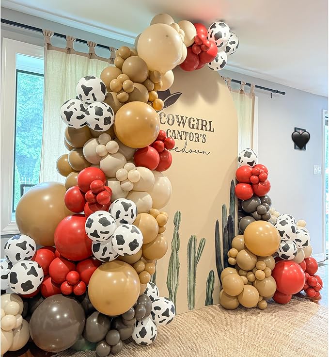 153 Pcs Red Brown Cow Balloon Arch Garland Kit – Red, Sand White, and Cow Print - Image 4