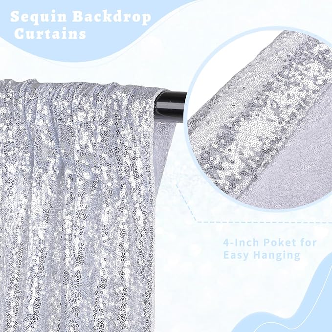 Silver Sequin Backdrop Curtains 2 Pcs 5ftx8ft Sparkle Backdrop Drapes | Glitter - Image 3