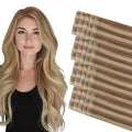 COOKAYU Injected Tape in Hair Extensions,Invisible Tape in Real Human Hair Extensions Gold Brown to Caramel Blonde 20pcs/pack 14Inch 30g Seamless