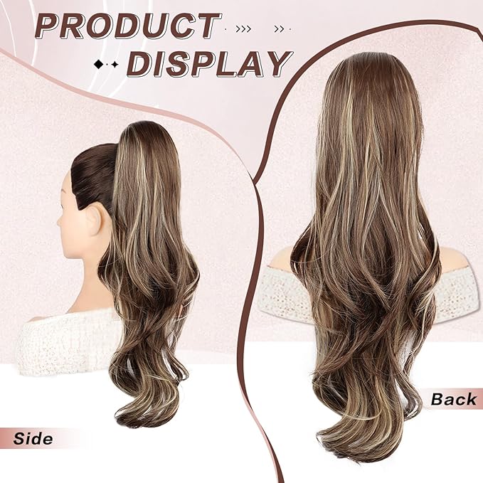 Ponytail Extension, Drawstring Ponytail Extension for Women 26 Inch Long Wavy Brown Pony Tails Hair Extensions Synthetic Clip in Ponytail Hairpiece for Women(Blonde & Medium Brown)