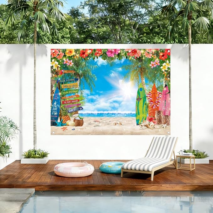 10x8ft Summer Hawaiian Beach Photography Tropical Luau Backdrop | Flower Palm - Image 2