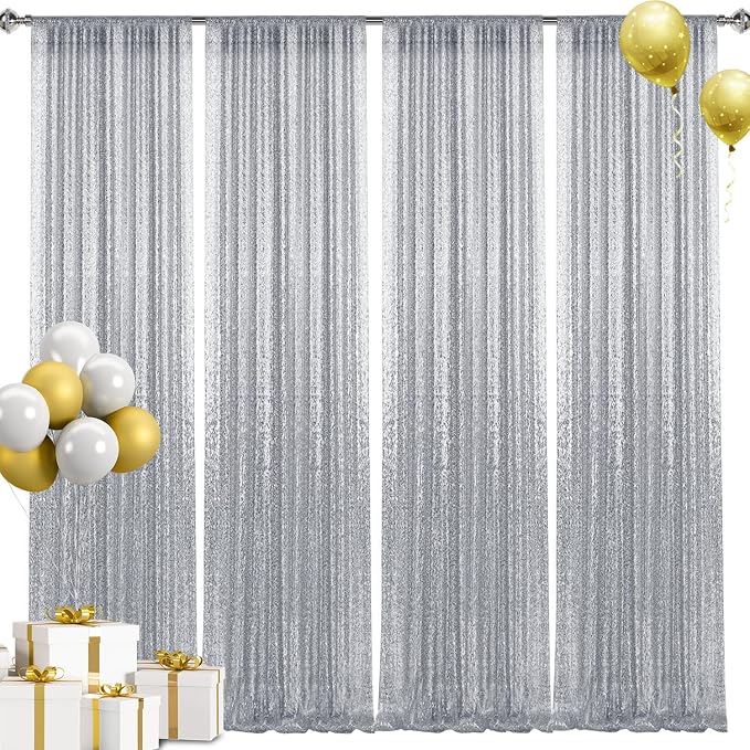 2×8FT-4PCS Silver Sequin Backdrop Curtains Panels, Photography Backdrop Glitter - Image 8