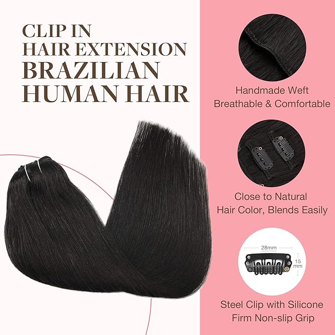 GOO GOO Clip in Hair Extensions Real Human Hair, Remy Human Hair Extensions Clip ins for Women, Natural Human Hair, 12inch 85g 7Pcs, 1B Natural black