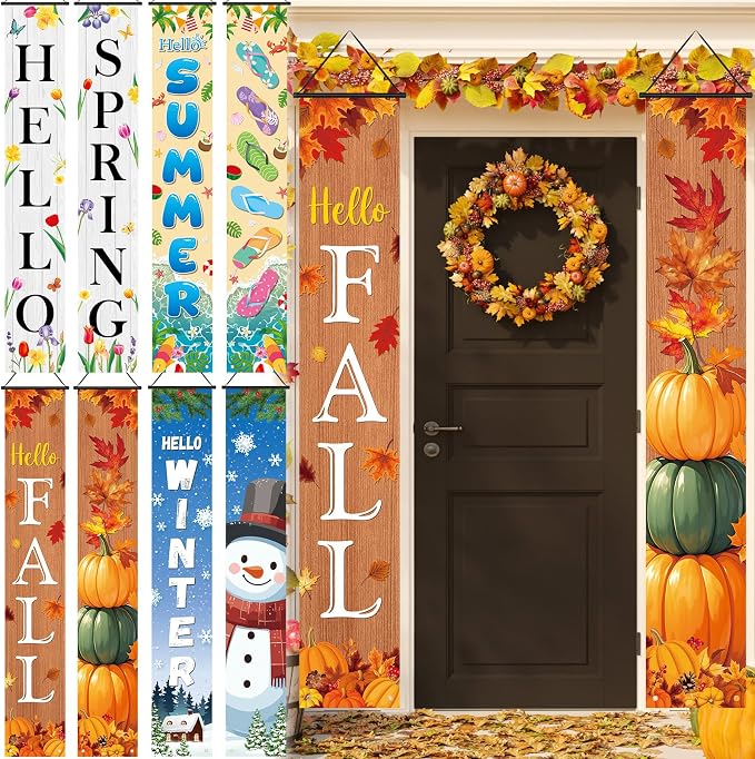 Preboun 4 Pairs Seasonal Door Banners Decorations Set Fall Porch Signs Banners by Preboun