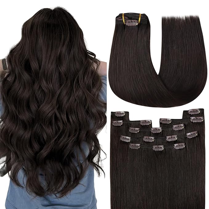 YoungSee 150G Clip in Human Hair Extension Brown Clip in Extensions Real Human Hair Darkest Brown Clip on Hair Extensions for Women 20Inch 7Pcs
